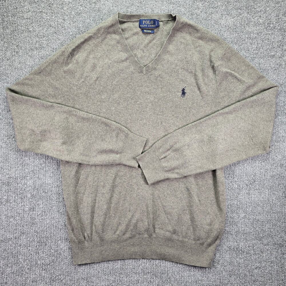 Polo Ralph Lauren Sweater Mens Medium Gray Pima Cotton V Neck Pullover Pony